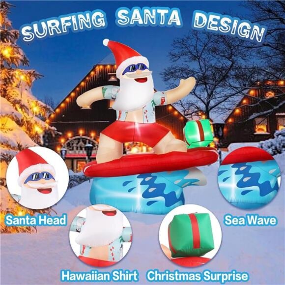 6.5FT Christmas Santa Claus Inflatables Outdoor Decor Surfing Santa Fun Hawaii - Picture 7 of 8